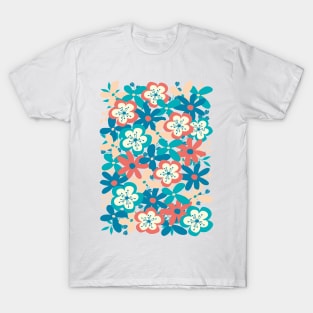 Funky Floral Garden Blue, Coral, Peach T-Shirt